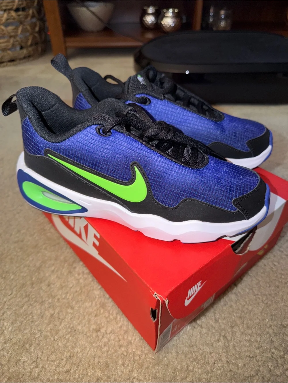 Nike Kids Blue and Black Sneakers with Lime Green Swoosh